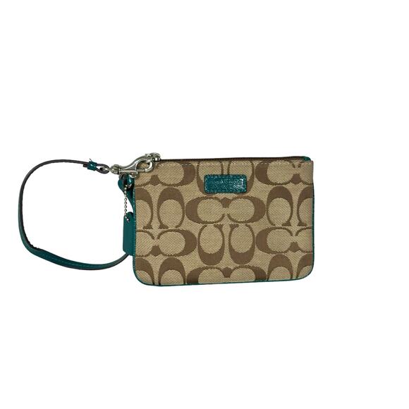 Coach Handbags - Coach Park Signature Small Wristlet Wallet Tan Jacqaurd Green Lining F51775